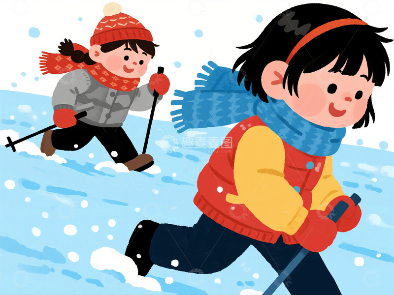 高清大图下载【趣麦麦图】冬日滑雪童趣卡通插画
