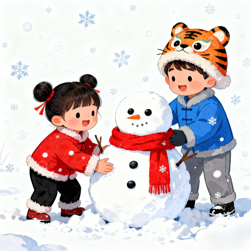 高清大图下载【趣麦麦图】冬日童趣堆雪人插画