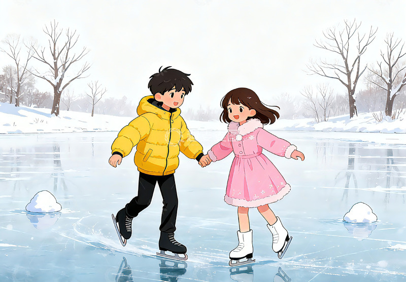 高清大图下载【趣麦麦图】冬日滑冰童趣插画