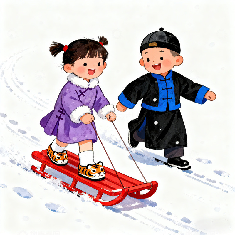高清大图下载【趣麦麦图】童趣冬日滑雪插画