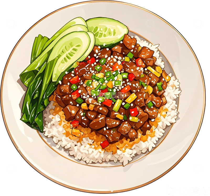 高清大图下载【趣麦麦图】美食插画风格卤肉饭