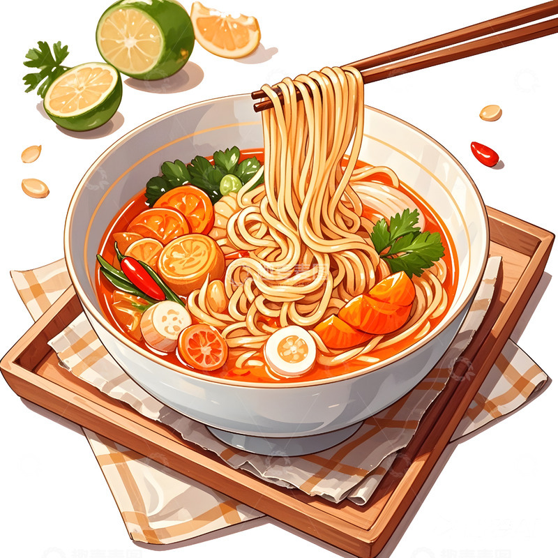 高清大图下载【趣麦麦图】泰式海鲜面插画设计素材