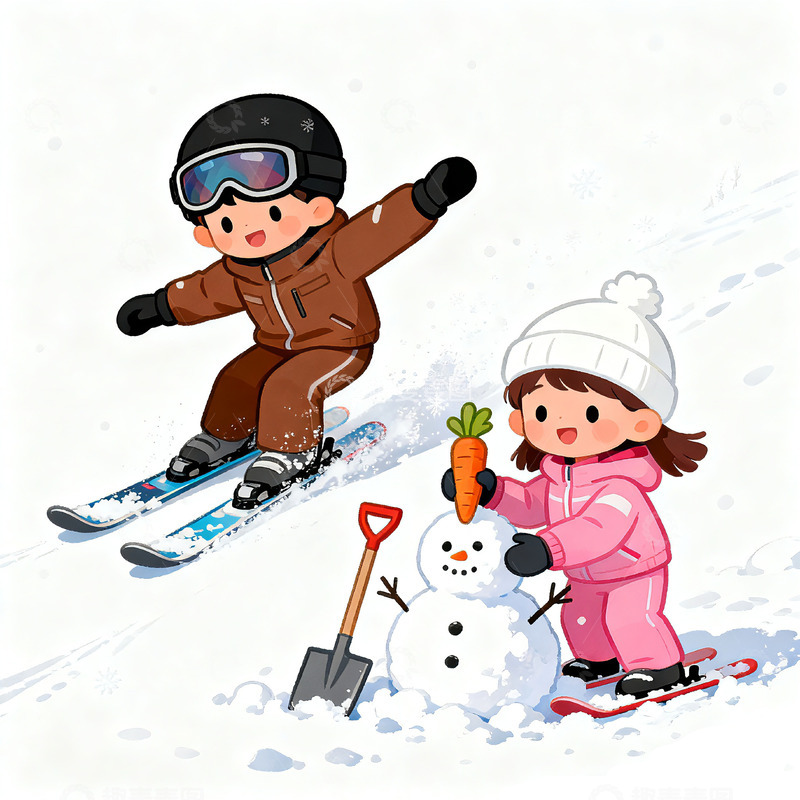 高清大图下载【趣麦麦图】冬季滑雪童趣插画