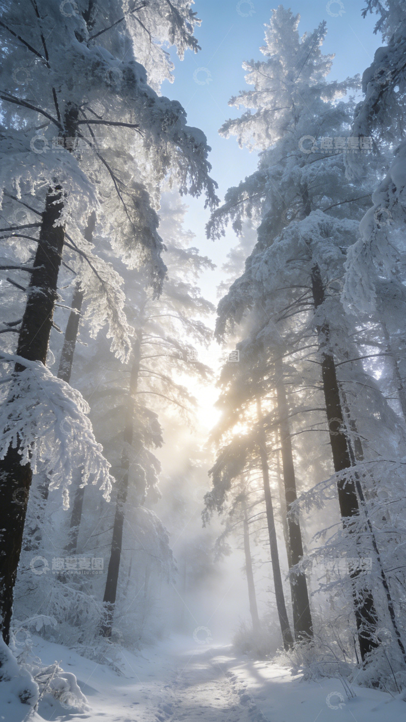 高清大图下载【趣麦麦图】雾林雪径晨雾静谧1
