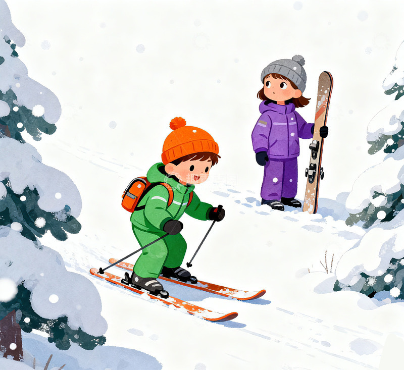 高清大图下载【趣麦麦图】冬日滑雪童趣插画