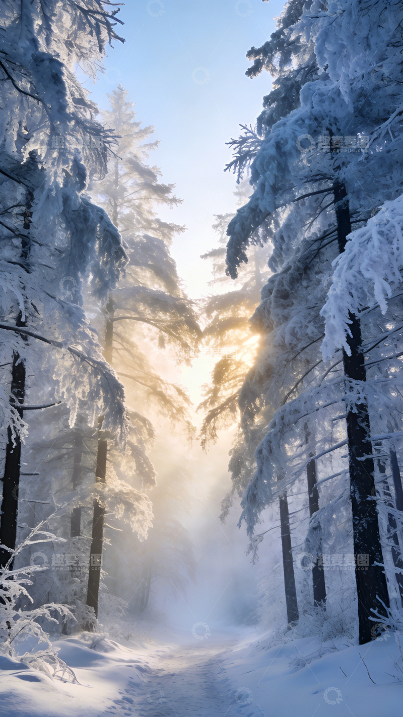 高清大图下载【趣麦麦图】雾林雪径晨雾静谧2