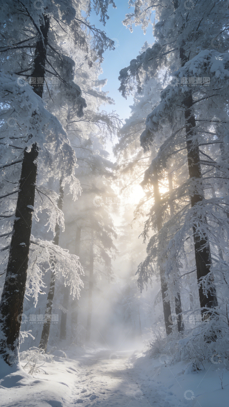 高清大图下载【趣麦麦图】雾林雪径晨雾静谧3