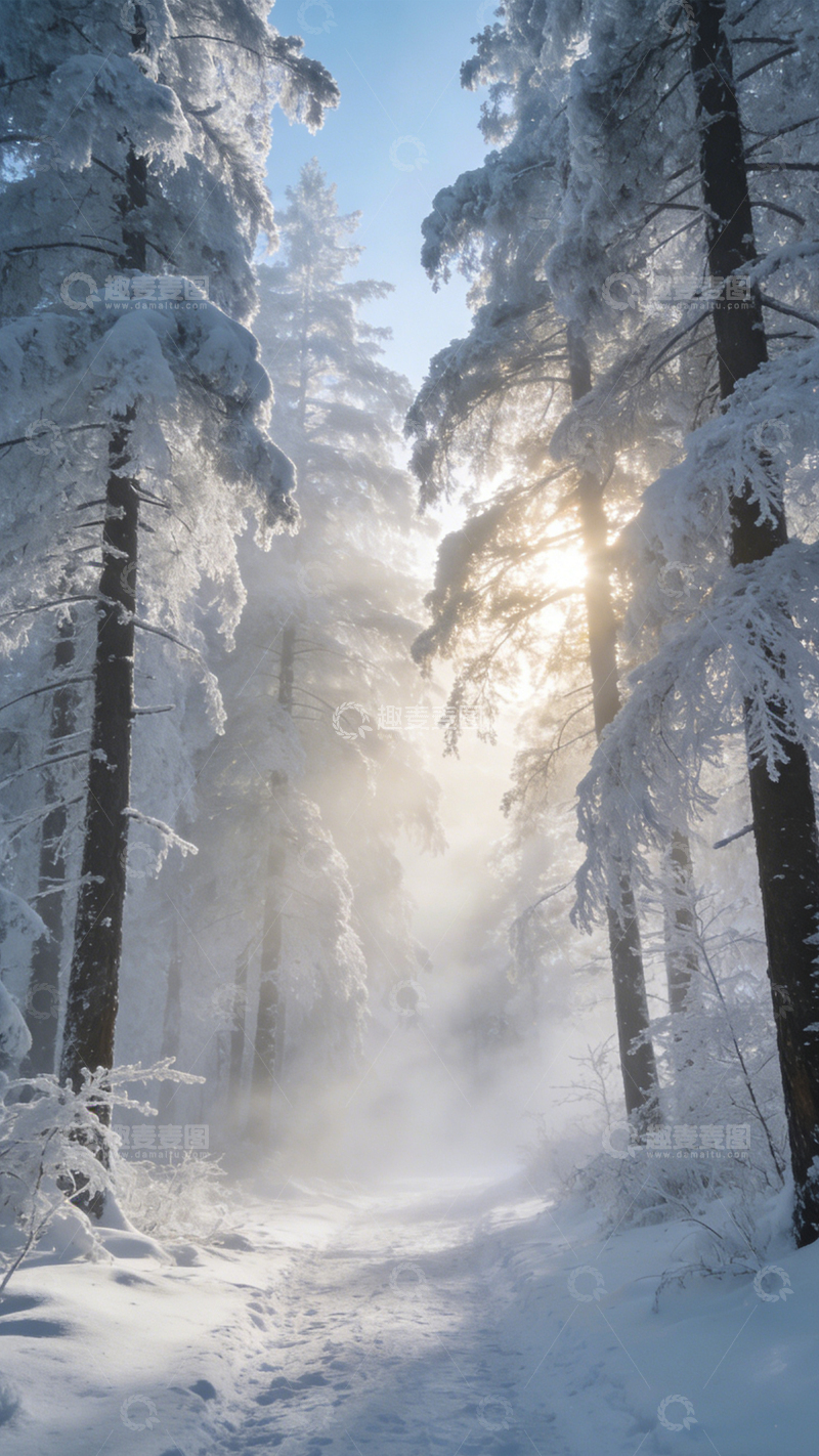 高清大图下载【趣麦麦图】雾林雪径晨雾静谧