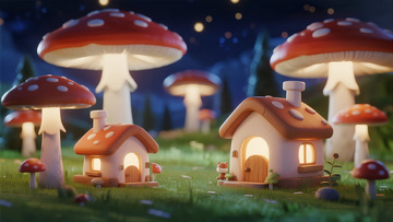 夜色里的蘑菇屋与松鼠居民