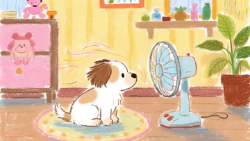 棕白小狗吹风扇的温馨午后