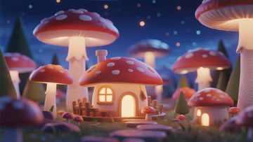 红顶蘑菇屋的奇幻森林夜