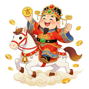 喜庆财神骑马图新年插画素材
