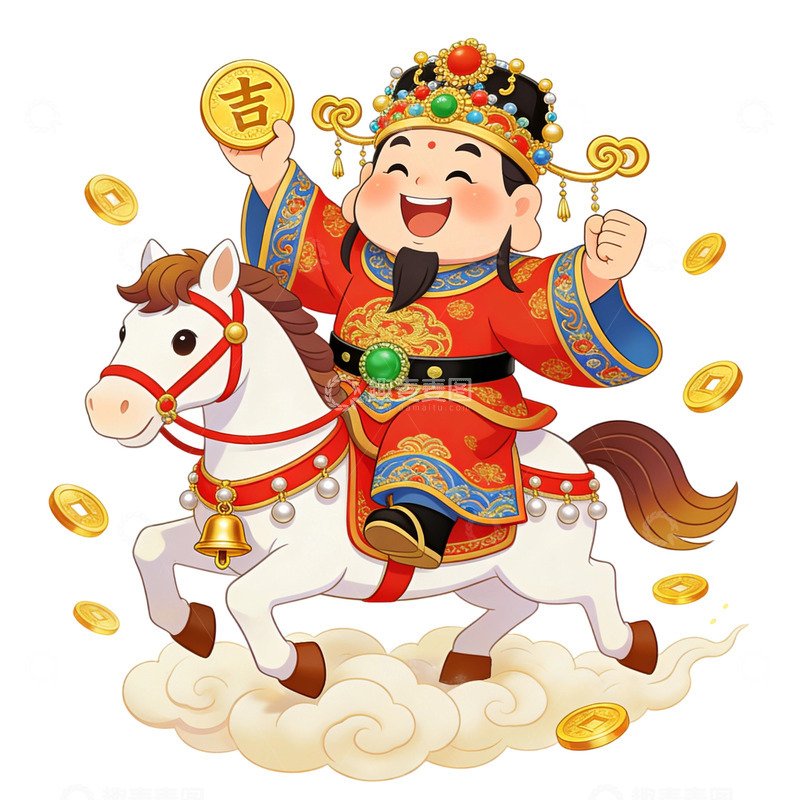 高清大图下载【趣麦麦图】喜庆财神骑马图新年插画素材