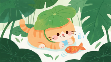 荷叶帽橘猫戏鱼的荷塘秘境