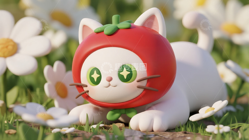 高清大图下载【趣麦麦图】番茄头套猫咪的草地慵懒时刻