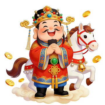 卡通财神骑马送金币新年喜庆插画