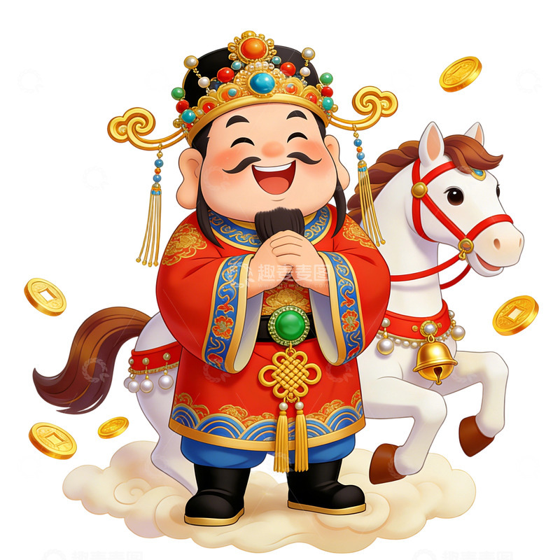 高清大图下载【趣麦麦图】卡通财神骑马送金币新年喜庆插画