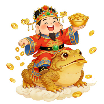 卡通财神骑金蟾金币飘洒