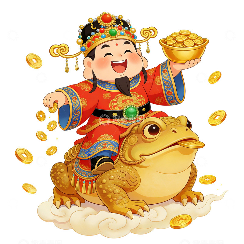 高清大图下载【趣麦麦图】卡通财神骑金蟾金币飘洒