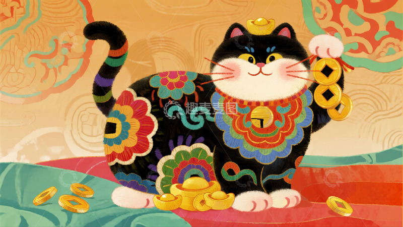 高清大图下载【趣麦麦图】彩饰招财猫纳福聚财图