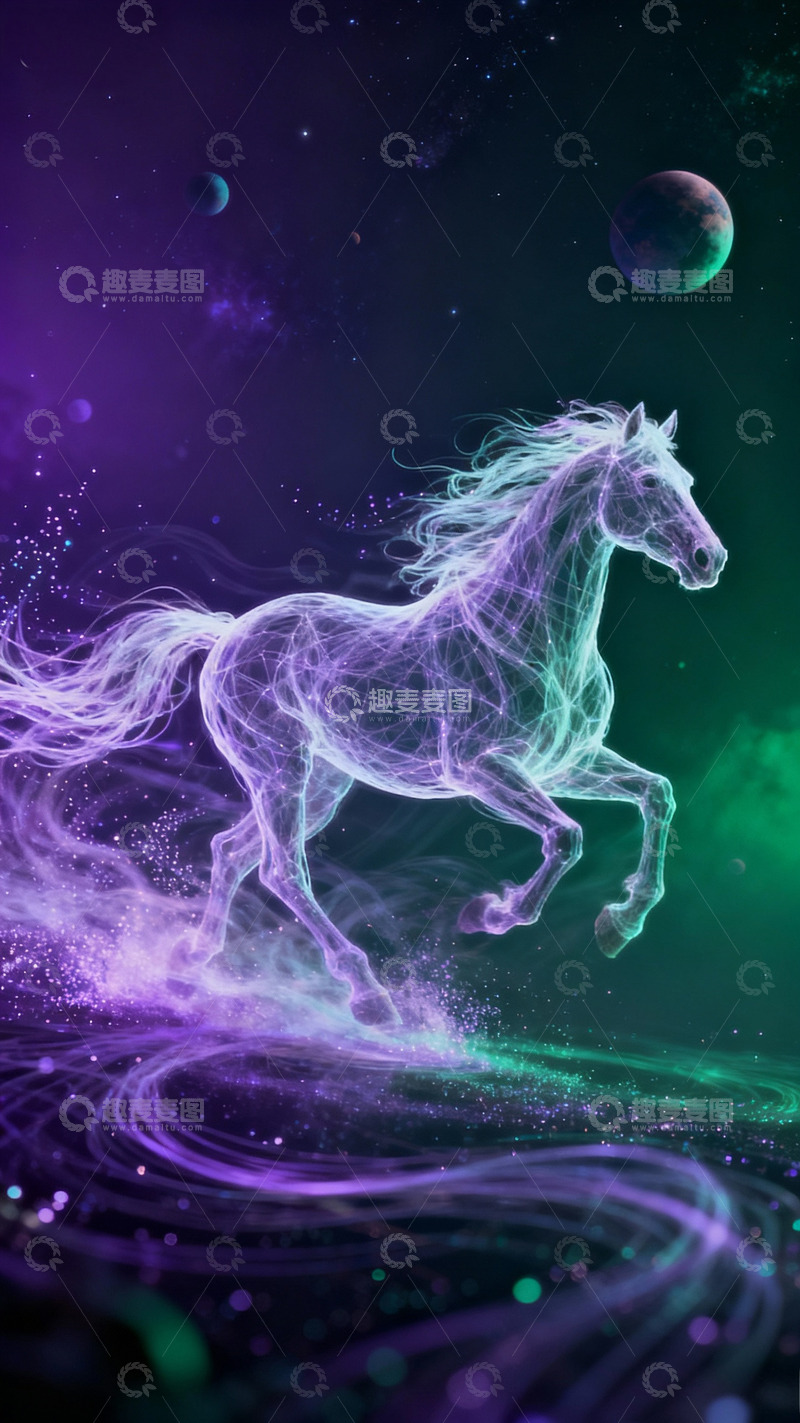 高清大图下载【趣麦麦图】梦幻星空光影马匹艺术插画