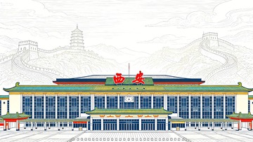 西安火车站彩色线稿