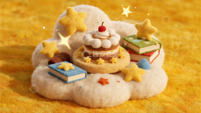 高清大图下载【趣麦麦图】毛绒云朵上的蛋糕与书籍