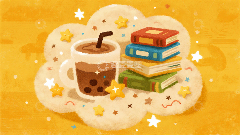 高清大图下载【趣麦麦图】星云中的奶茶与书籍时光