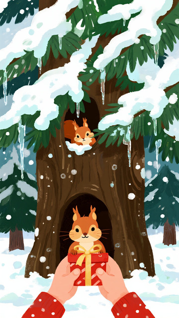 雪林树洞松鼠的冬日礼物