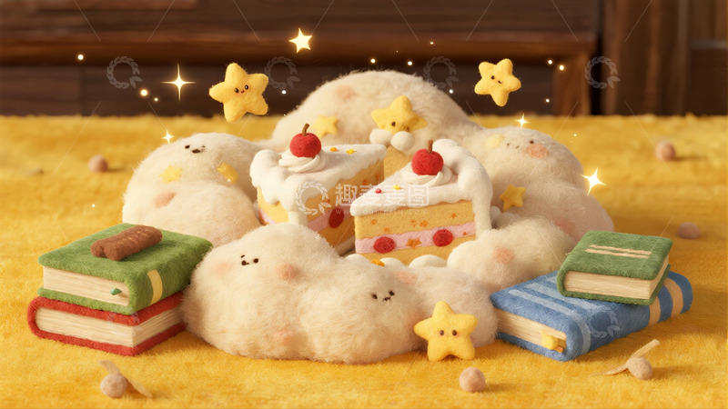 高清大图下载【趣麦麦图】毛绒云朵簇拥的蛋糕与书籍