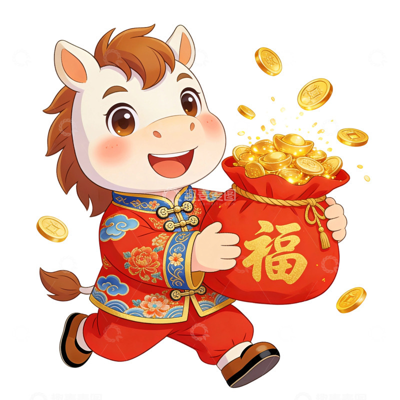 高清大图下载【趣麦麦图】2026卡通马年喜庆金币插画免扣素材