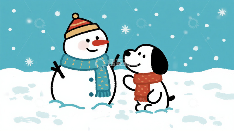 高清大图下载【趣麦麦图】雪人旁小狗的冬日温馨时光