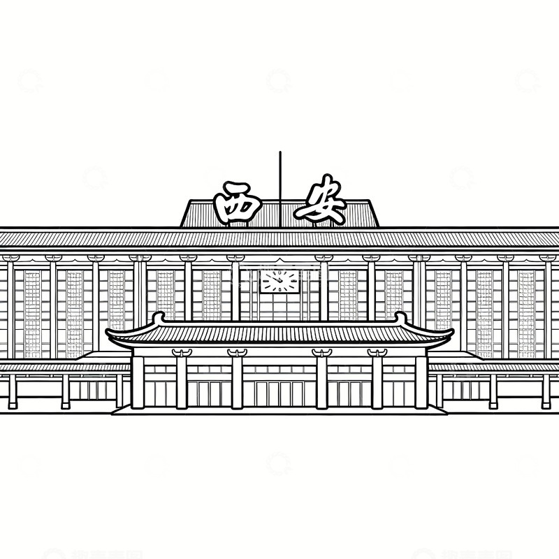 高清大图下载【趣麦麦图】西安火车站线稿