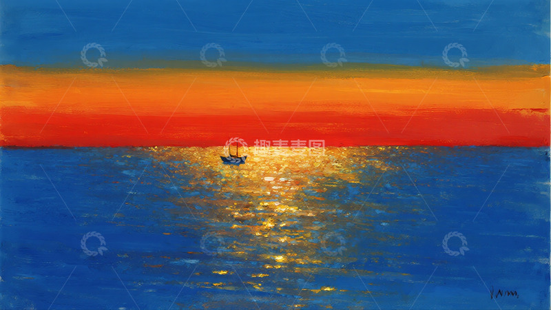 高清大图下载【趣麦麦图】落日熔金海面的孤船剪影
