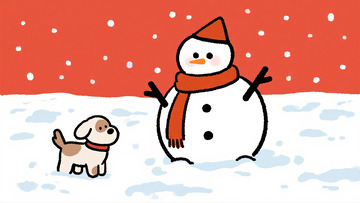 红围巾雪人旁的小狗相伴