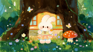 树屋旁小兔的暖光森林时光