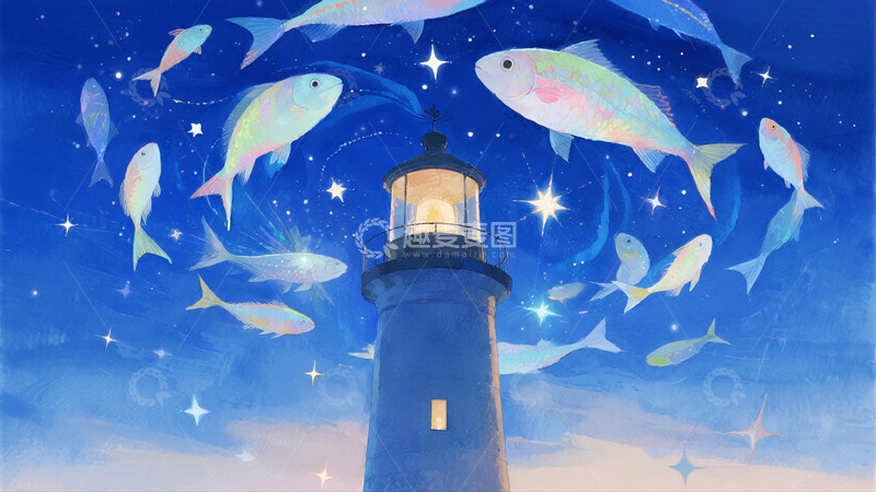 高清大图下载【趣麦麦图】星海间灯塔与幻彩游鱼