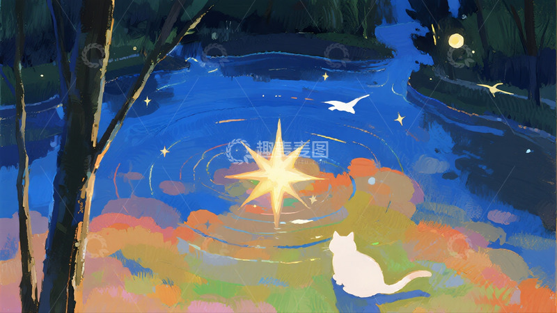 高清大图下载【趣麦麦图】夜湖旁白猫凝望水中星光