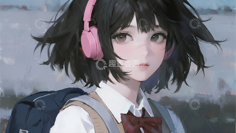 高清大图下载【趣麦麦图】粉耳机水手服少女的都市风