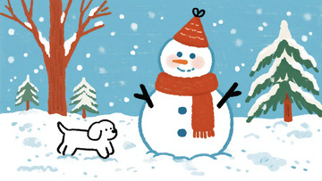 雪林间雪人与小狗的冬日