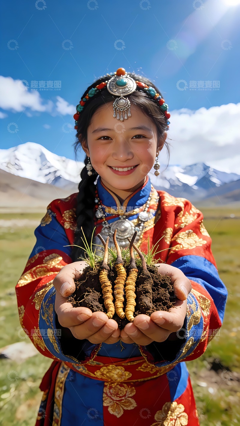 高清大图下载【趣麦麦图】捧着冬虫夏草的藏族女孩