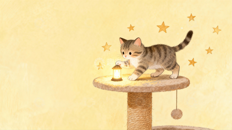 高清大图下载【趣麦麦图】猫爬架上灰猫轻触星光灯