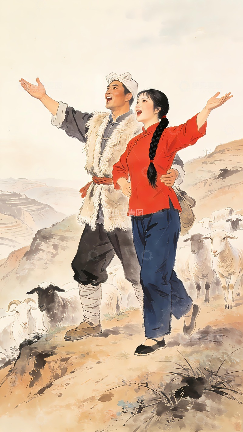 高清大图下载【趣麦麦图】一对情侣唱信天游