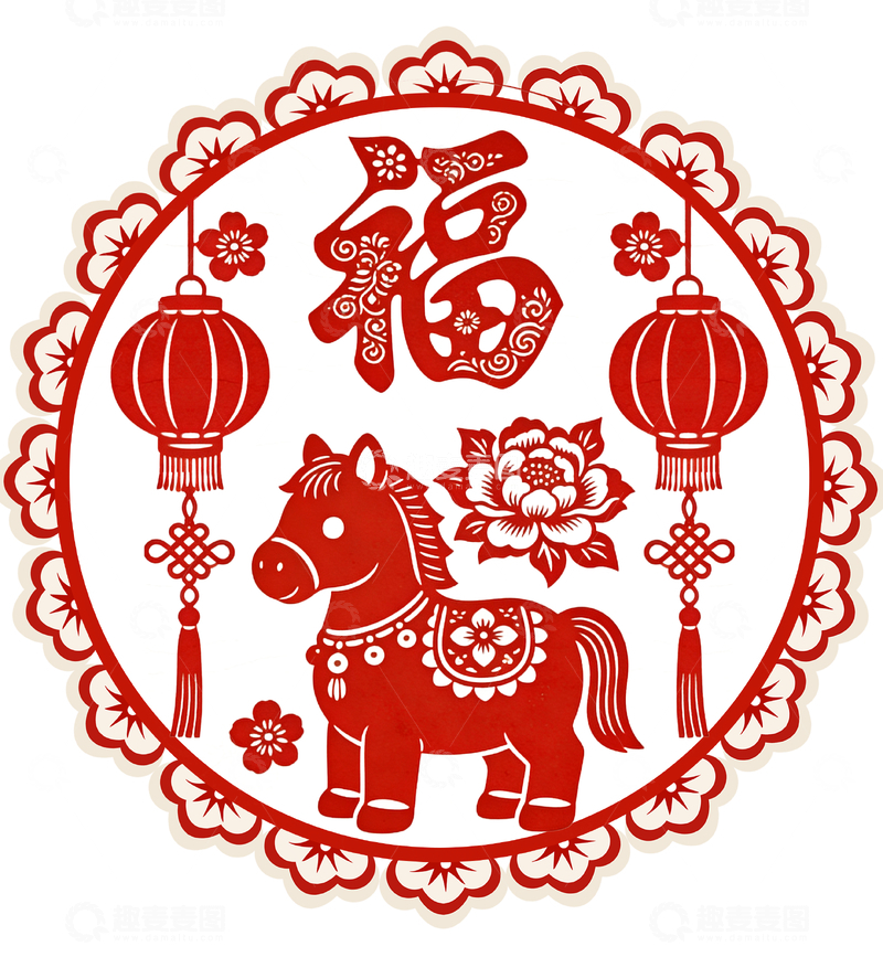 源文件下载【趣麦麦图】-中国风新年福字剪纸马图案
