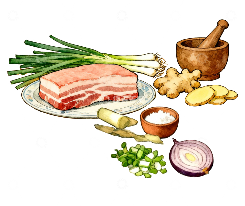 源文件下载【趣麦麦图】猪肉、姜葱、白糖和调味料1