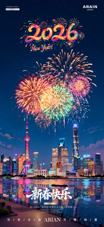 2026新年元旦跨年烟花城市风景海报2
