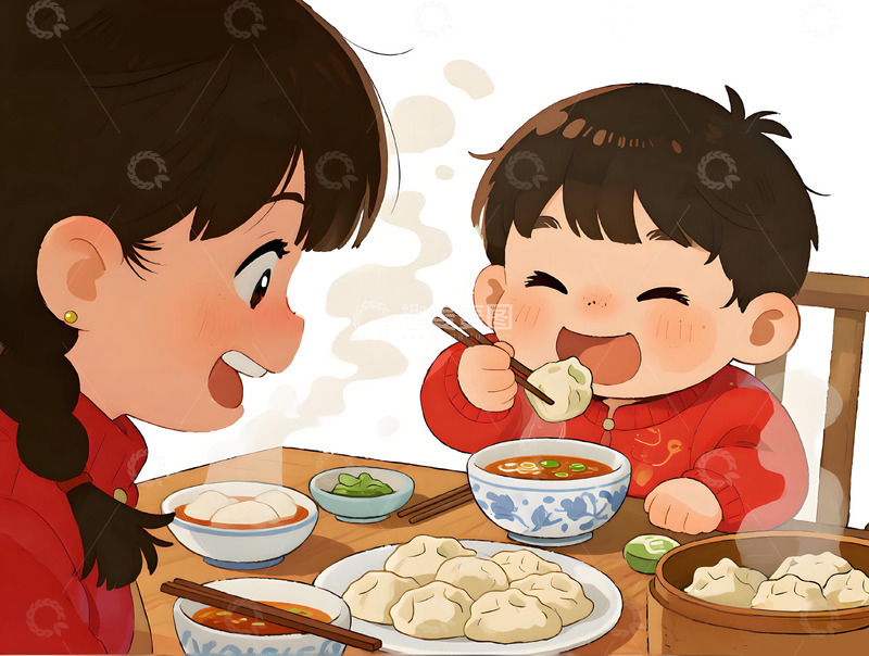 高清大图下载【趣麦麦图】儿童卡通春节用餐插画