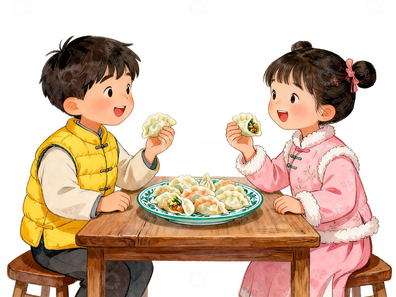 高清大图下载【趣麦麦图】传统服饰儿童吃饭插画