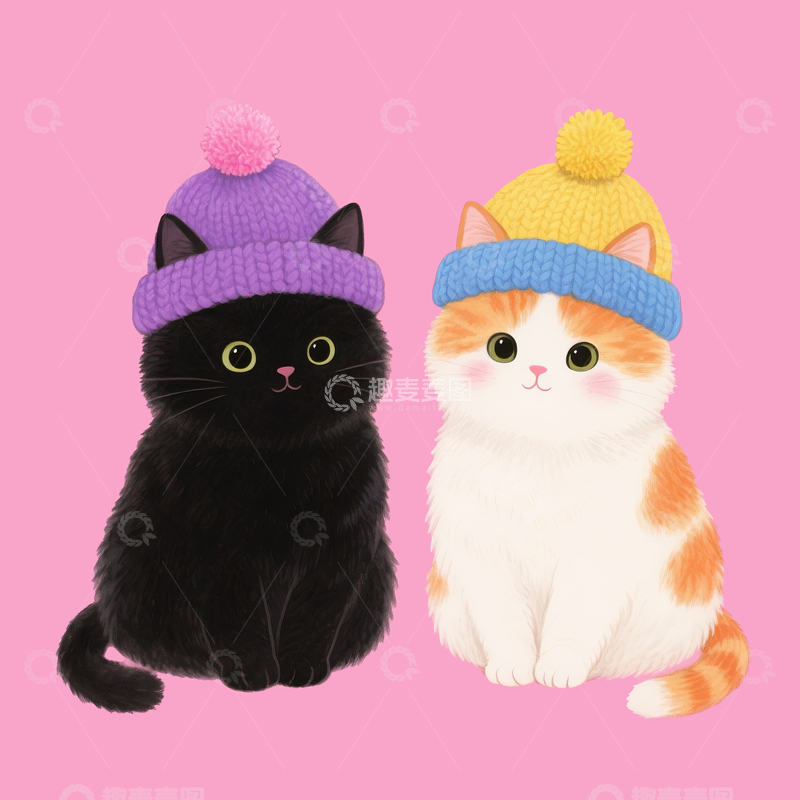 源文件下载【趣麦麦图】水彩风格两只带毛绒帽子的猫猫