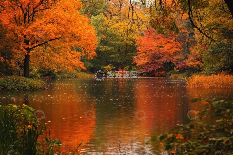 高清大图下载【趣麦麦图】秋季湖泊树木倒影